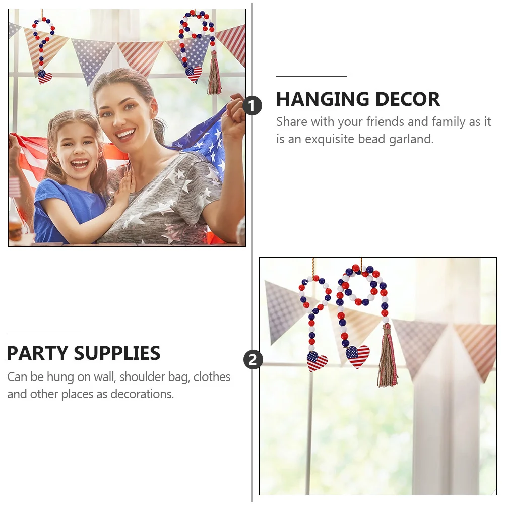 1 قطعة عيد الاستقلال الخرز الخشبي جارلاند شرابة شكل قلب قلادة ديكور معلق خرز زاهي الألوان لوازم الحفلات