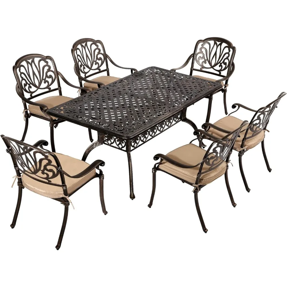 7 Piece Patio Dining Set, Outdoor Dining Furniture Patio Table and Chairs Set (6 Floral Pattern Chairs with Khaki Cushions)