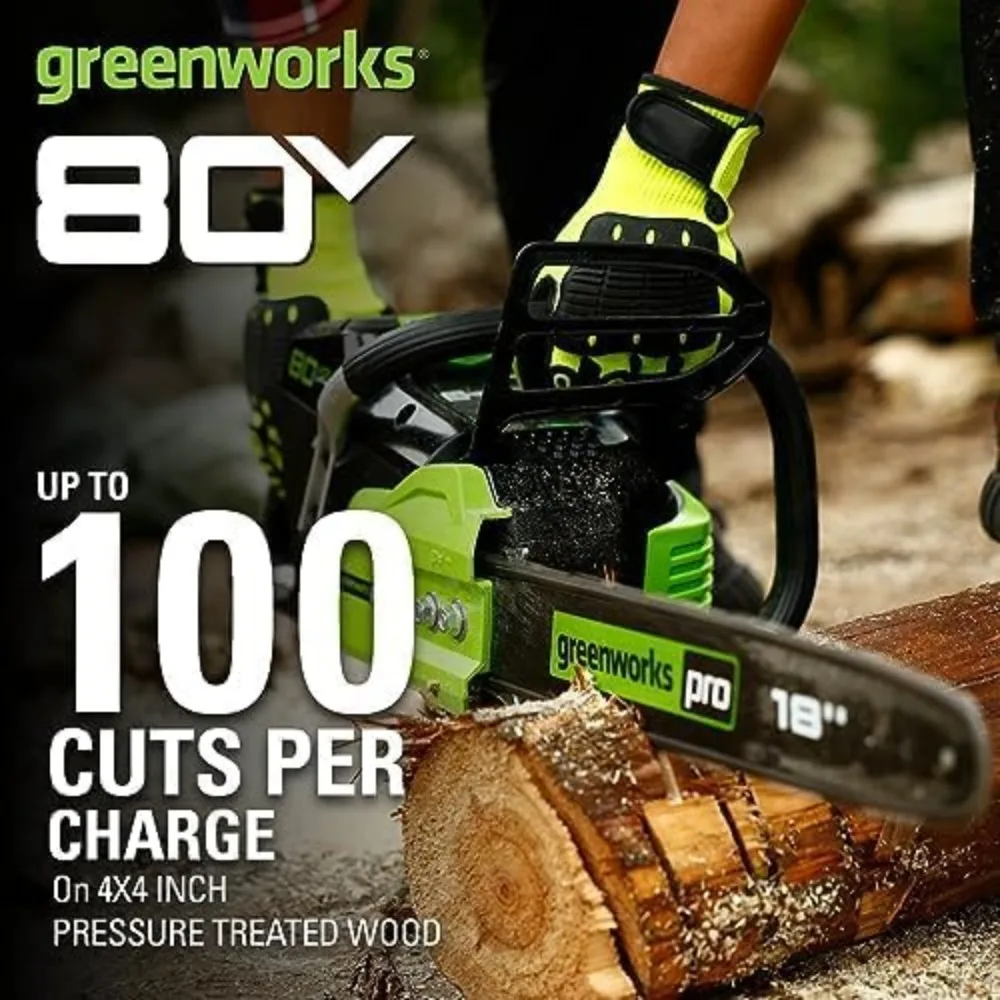 Greenworks 80V 18 بوصة منشار كهربائي بدون فرش لقطع الأشجار وأطراف الأطراف والتقليم والحطب - متوافق مع أكثر من 75 إلى