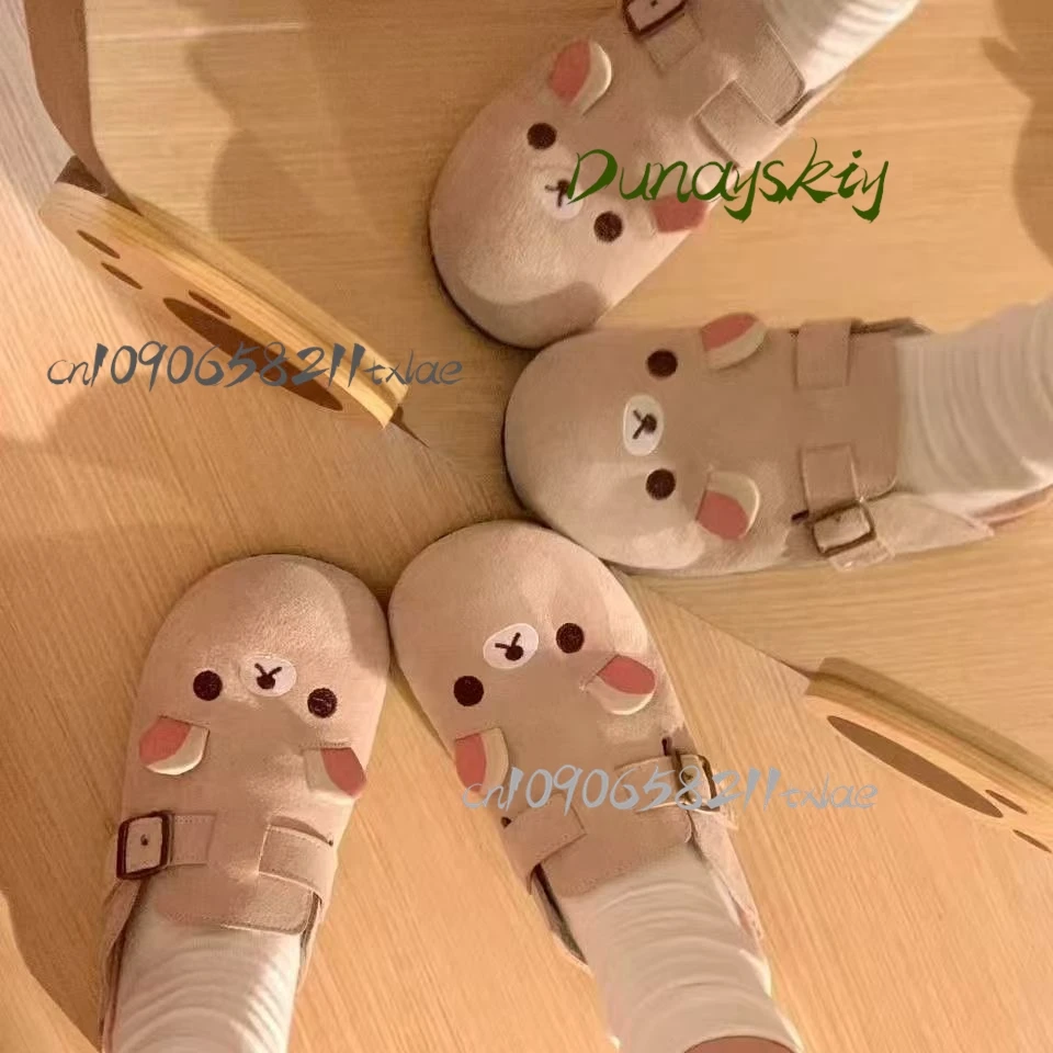 Y2k rilakkuma chinelos kawaii dos desenhos animados anime japão todo incluído camurça de vaca interior casa plana anti deslizamento respirável casal chinelos