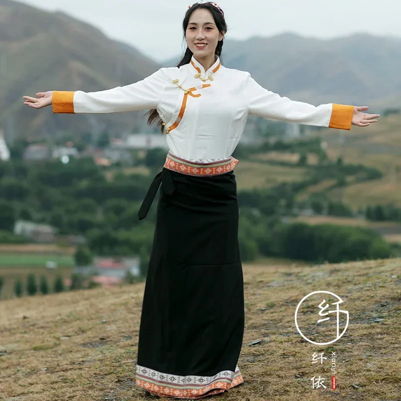 Traje tibetano dança desempenho traje cintura feminino tradicional high-end artesanato preto