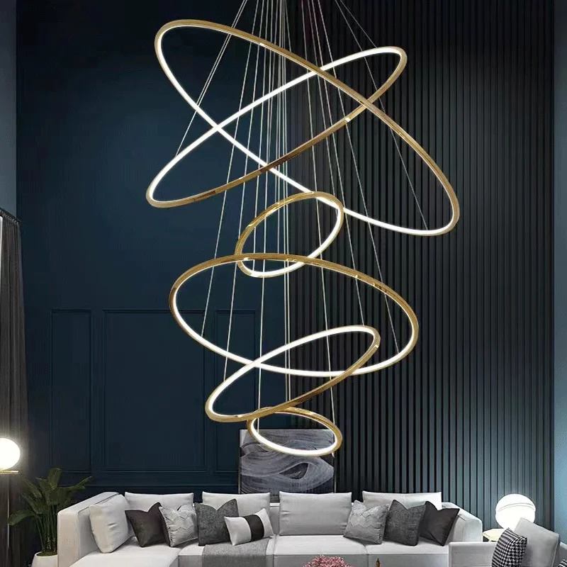 

Artistic LED Stainless Steel Ring Golden Silver Hanging Lamps Lustre Pendant Light Suspension Luminaire Lampen For Staircase