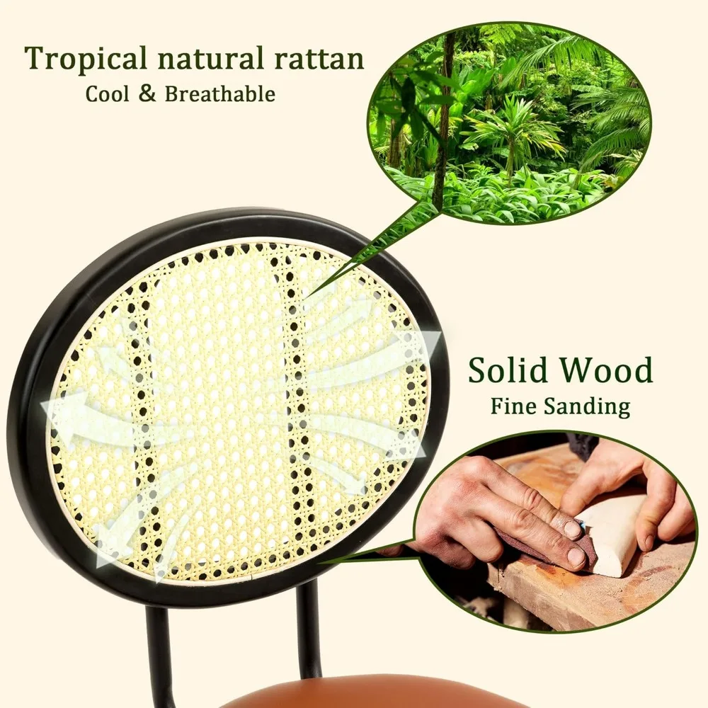 Set di 6 sedie da pranzo, sedie da pranzo moderne della metà del secolo con schienale in rattan e seduta con cuscino in pelle PU per soggiorno