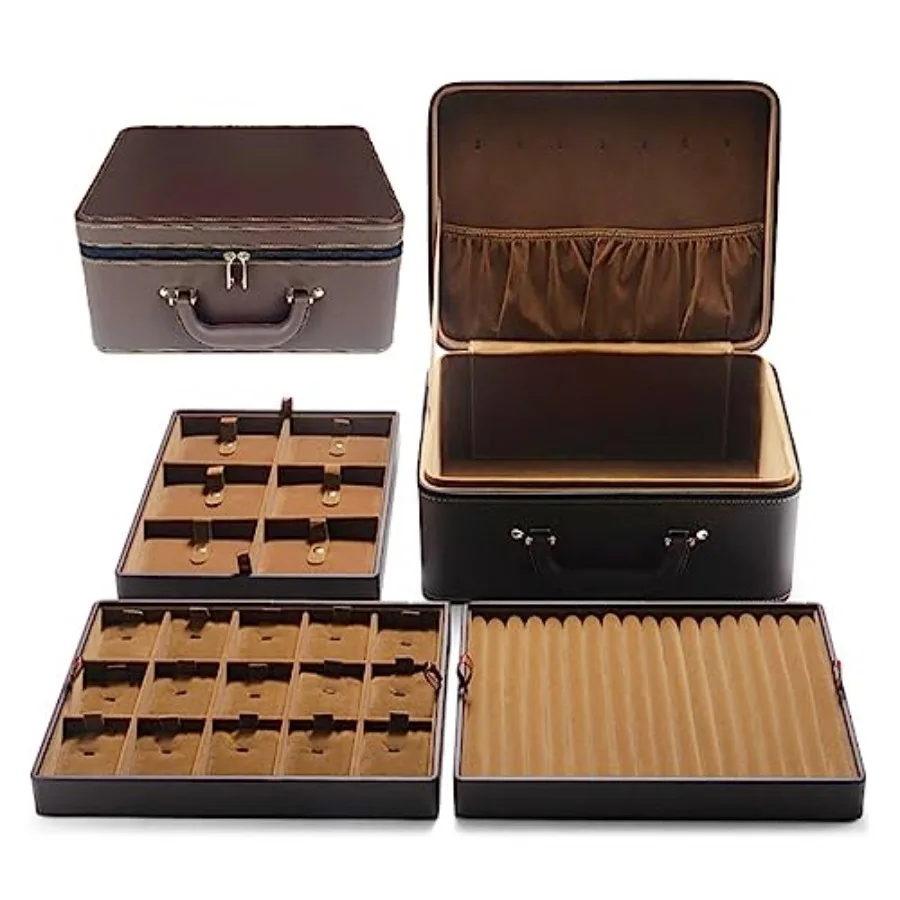 Jewelry Trays stacks Carriable with Handle Zipper Large Box Organizer Faux-Leather Accessory Case Storage L3-BR