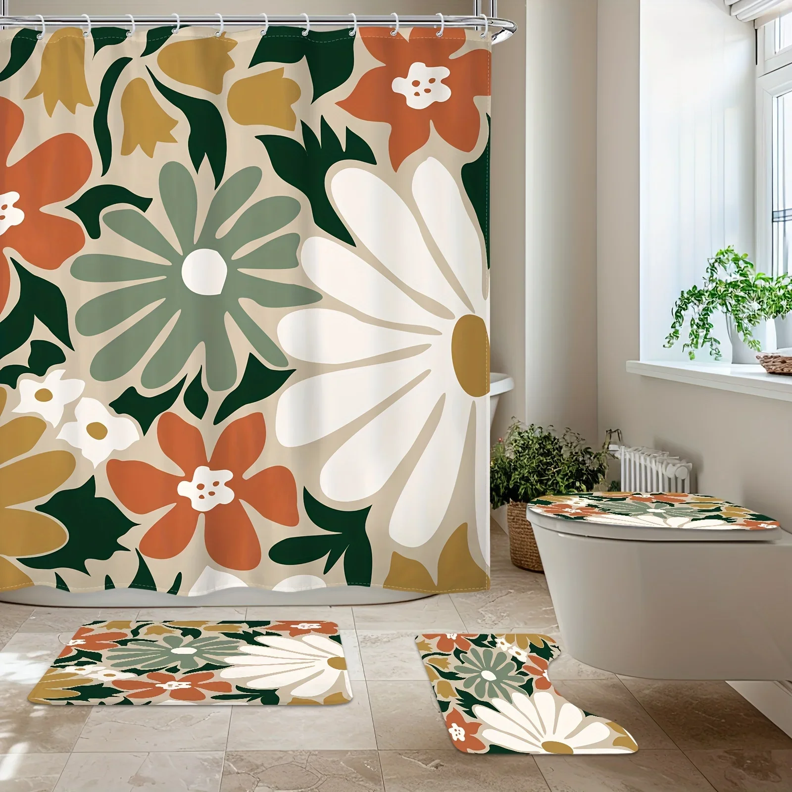 

"Retro Floral Bathroom 4-Piece Set Waterproof Shower Curtain Non-Slip Mats Soft Microfiber Material Vintage Design"