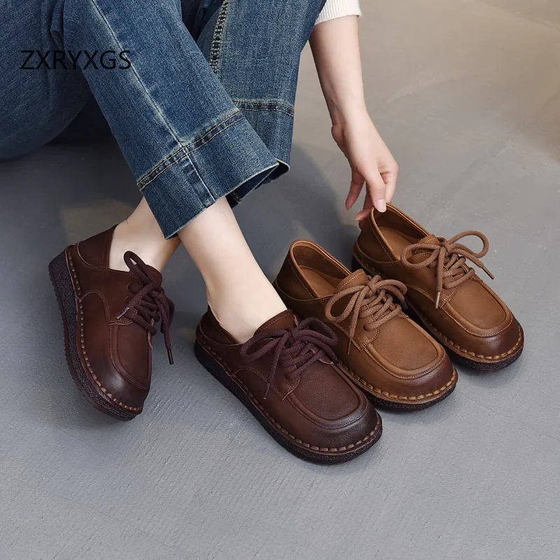 

ZXRYXGS Retro Style Round Toe Lace-up Premium Full Genuine Leather Shoes Flat Soft Thick Sole Wear Women Trendy Shoes New 2026