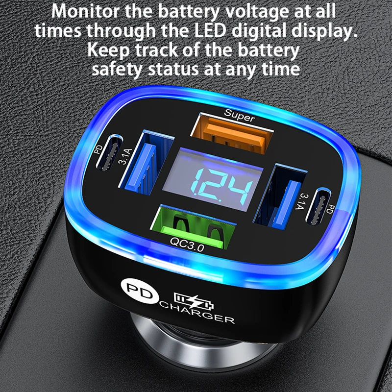 UYUXIO USB C Car Phone Charger 6 in 1 with Voltage Display Super Fast Charge Adapter for Samsung iPhone 16 15 Pro Max Oneplus - náhled 3