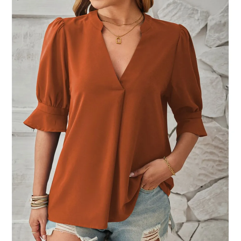 Elegant Office Shirt For Women 2024 Spring/Summer New Collection Solid Color V-neck Mid Sleeve Casual Blouse Top Blusa Femininas