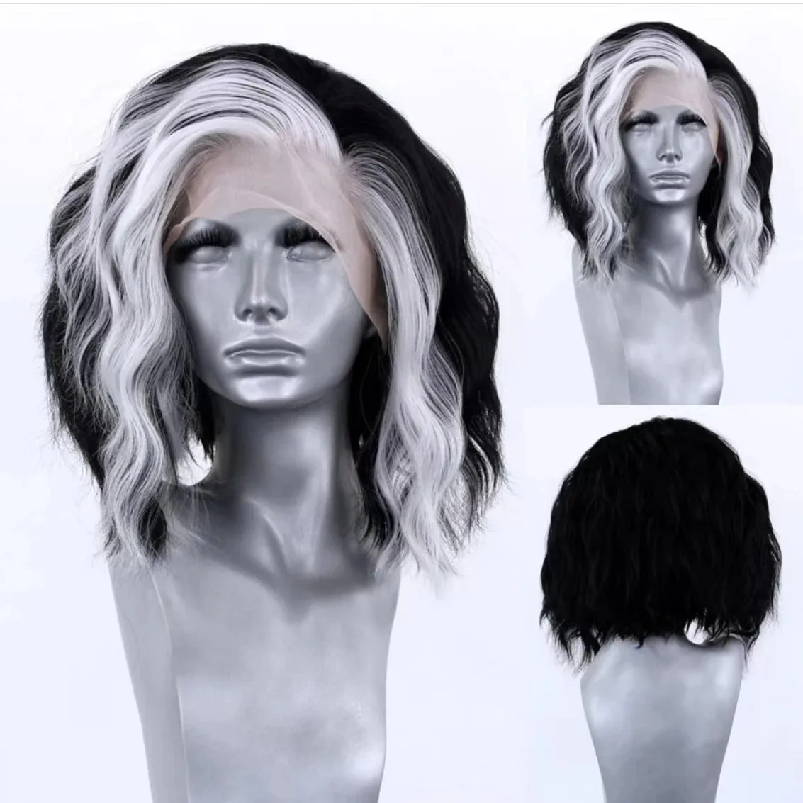 

Черно-белый парик с эффектом хайлайт, короткий боб, синтетический парик с волнистыми прядями, с кружевной передней частью 13x4 HD, без клея, термостойкий, по акции.