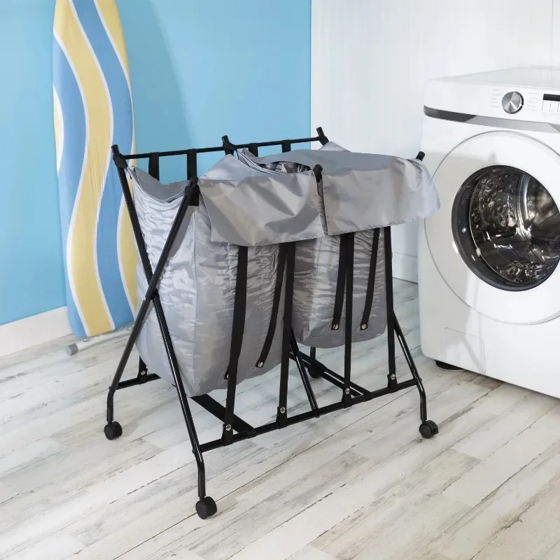 

Steel Folding 2-Compartment No Bend Rolling Laundry Hamper,