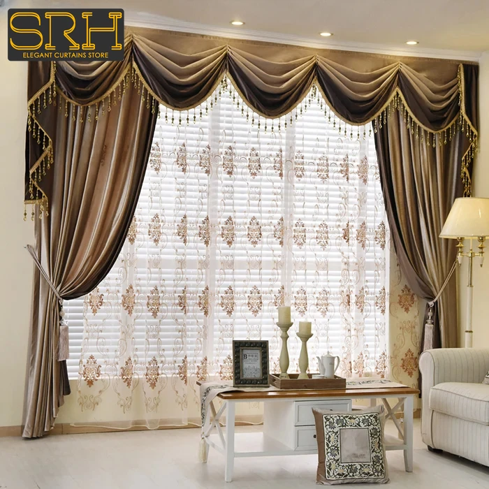 Golden Coffee Color High-end Palace Thickened Velvet Patched Curtains for Living Room Bedroom Villa Customized French Window