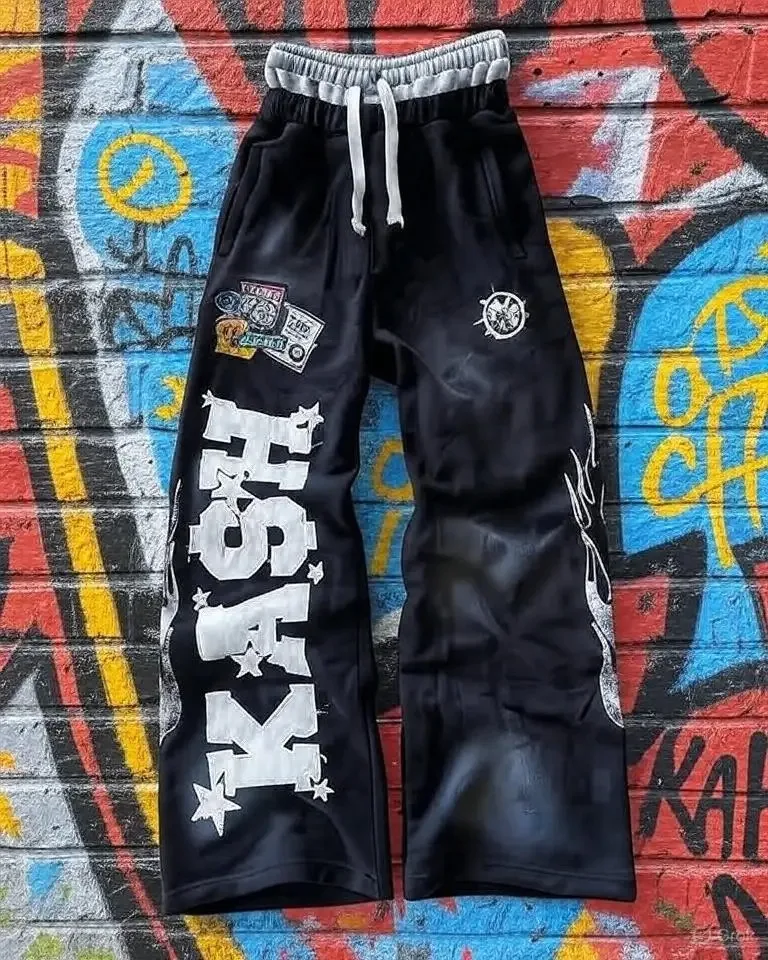 

Двухслойные винтажные спортивные штаны Y2K для мужчин и женщин с вышивкой буквами, свободные спортивные штаны на шнурке, повседневные брюки