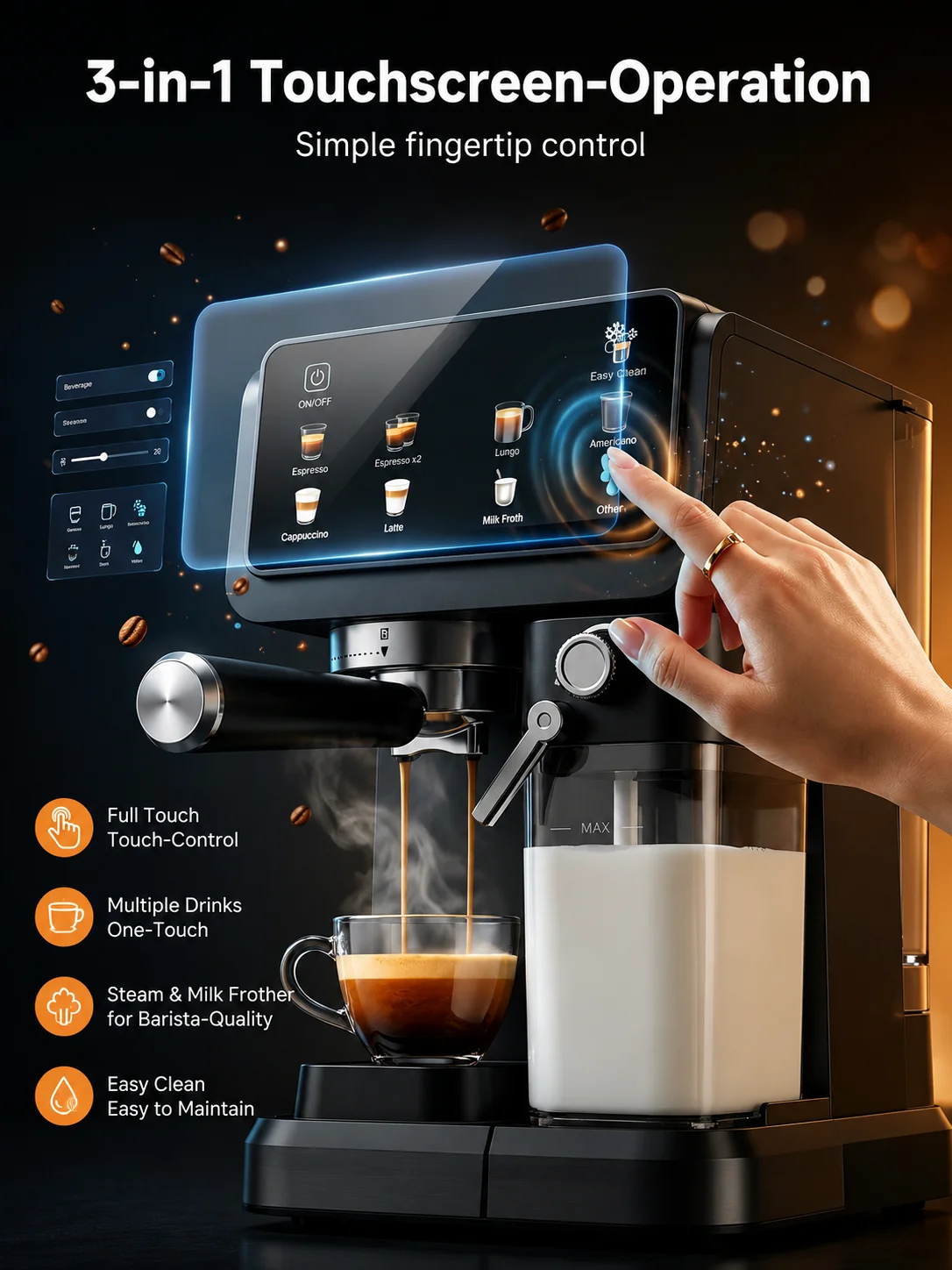 20 Bar Espresso-Kaffeemaschine mit Touchscreen, Automatischem Milchaufschäumer, Dualem Heizsystem, 15s Schnellaufheizung, 1,5L Wassertank, Schwarz