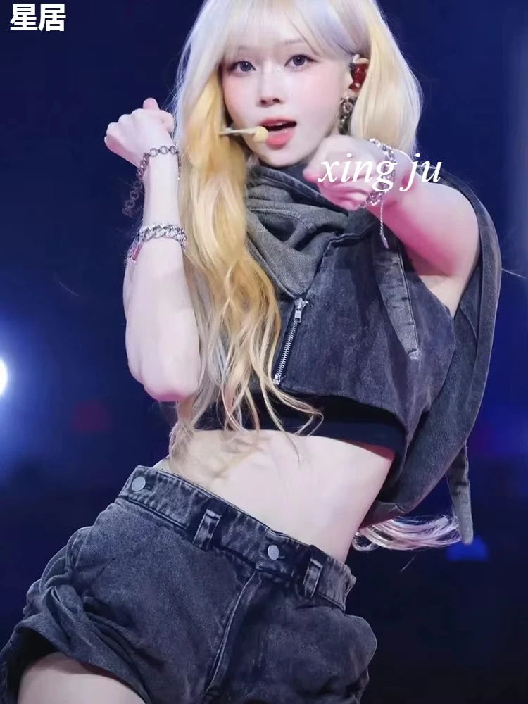 Setelan Konser Kpop Penyanyi Korea Atasan Denim Bertudung Tanpa Lengan Tari Jazz Pakaian Pertunjukan Jazz Kostum Panggung Gadis DJ Klub Malam