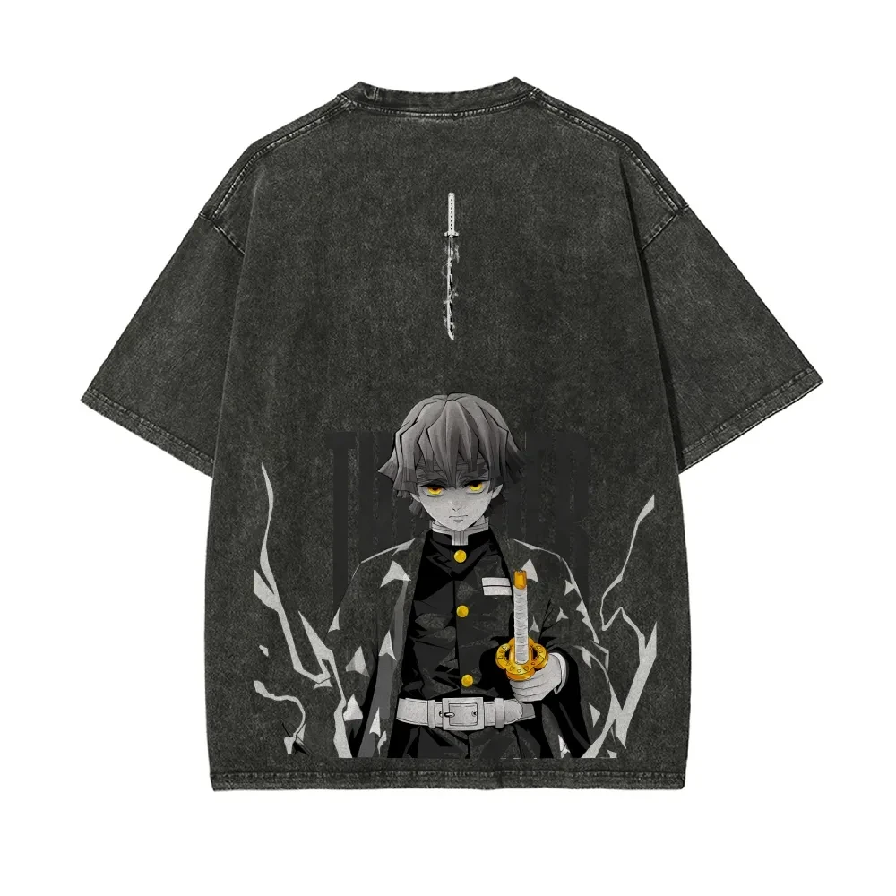 Demon Slayer Washed Retro Kurzarm T-Shirt Lässige Sommerkleidung Herren Bequemes Kurzarm Halbarm Sport Beliebtes Top