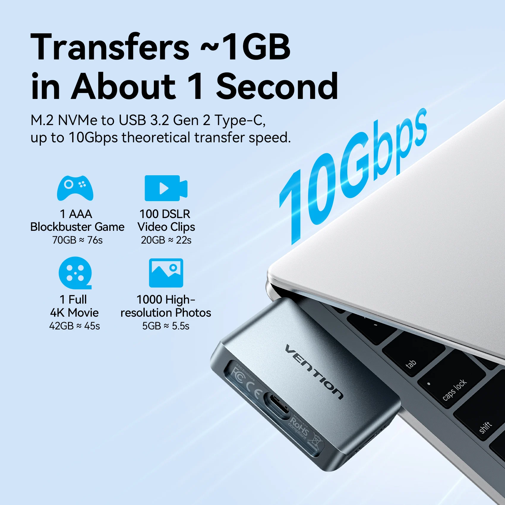 Vention 2230 M.2 NVMe SSD Enclosure USB C 3.2 Gen2 10Gbps M.2 SSD Case With Audio Port PD 100W for iPhone 17 iPad MacBook Laptop