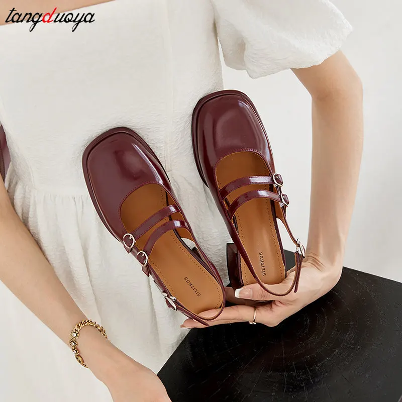 Women Sandals Summer Shoes Woman low heels Double Buckle Mary Janes Shoes Patent Leather Dress Shoes Back Strap Zapatos Mujer