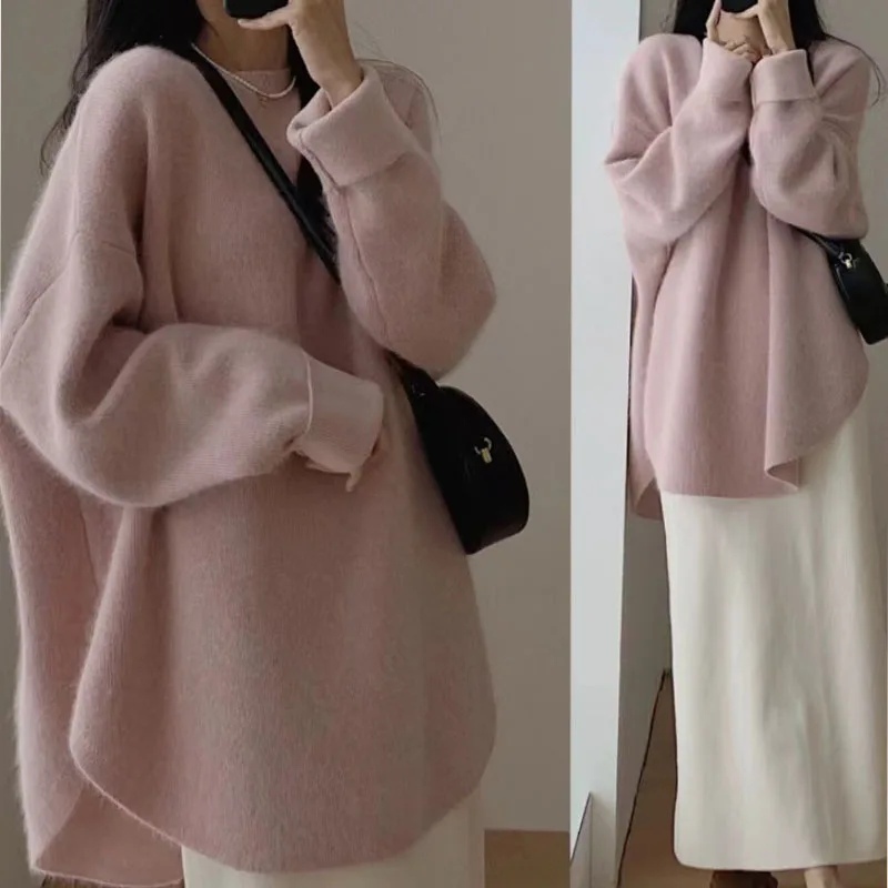 Autumn And Winter New Thick Pink Sweater Long Sleeve T-shirt Women's Long Loose Top Cover Bottom Bottoming Shirt