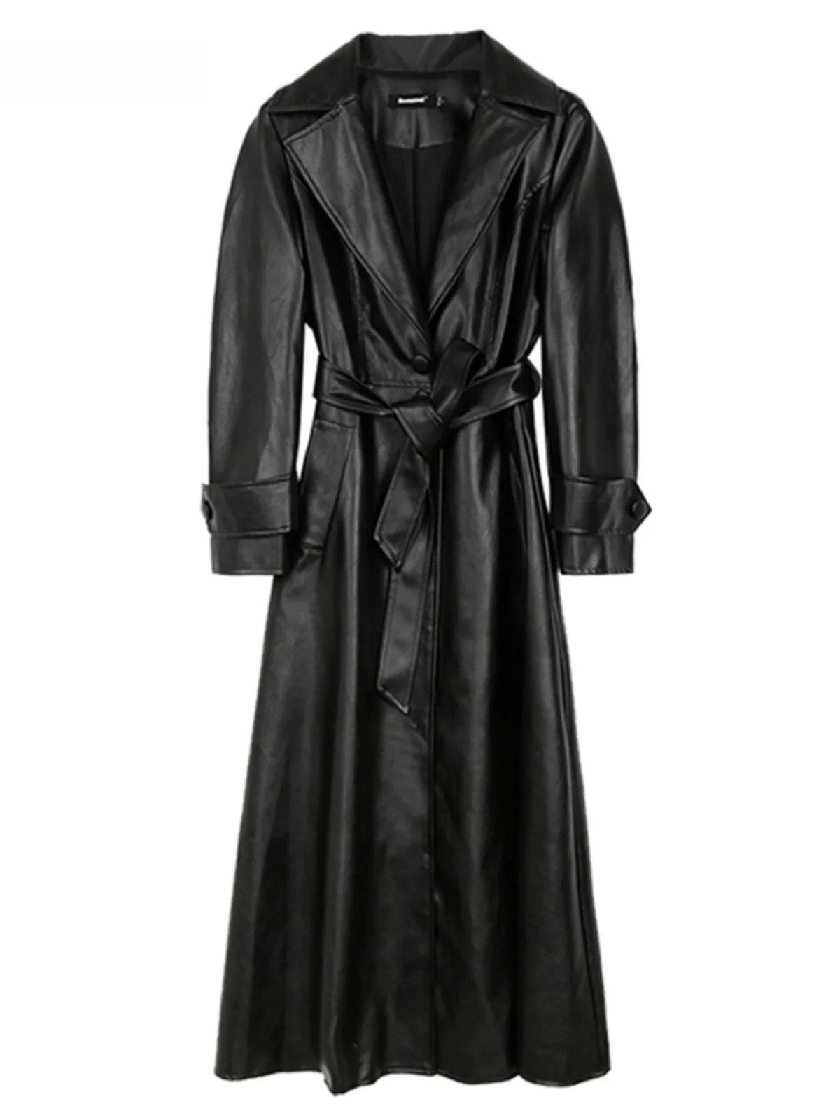 Nerazzurri Women's Long Black PU Leather Jacket with Belted Suit Collar Autumn Winter Fashion Commute Style Straight Cut
