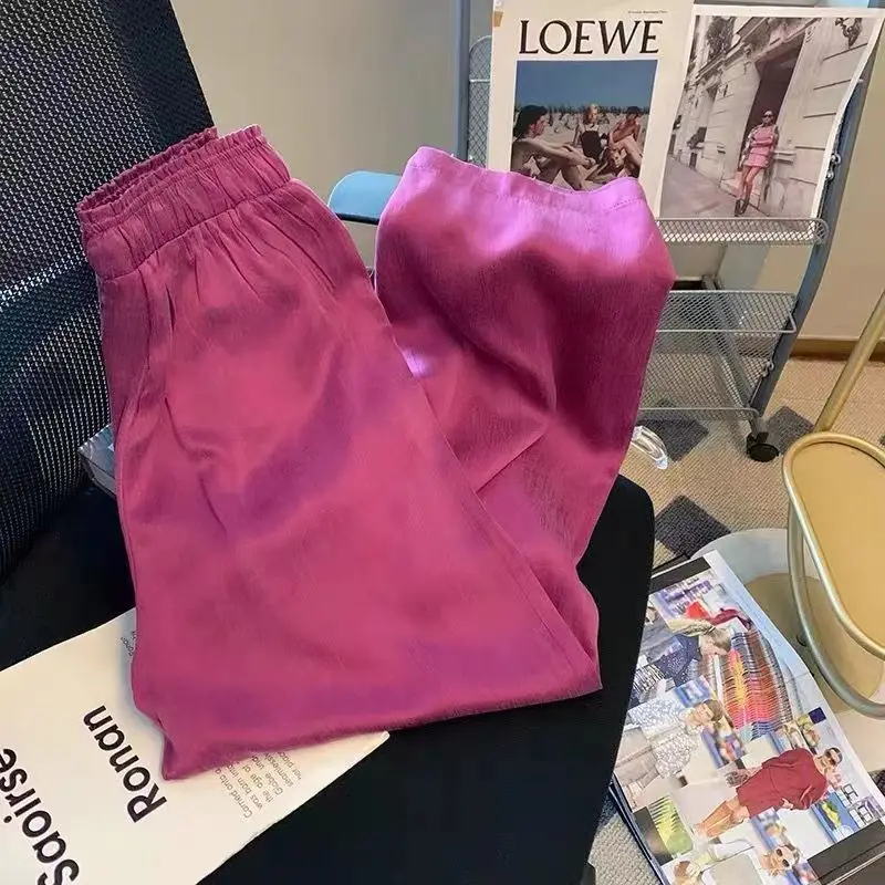 Seda de gelo leve roxo gelo seda leve vinagre cetim sino bottoms feminino perna reta solto calças casuais verão