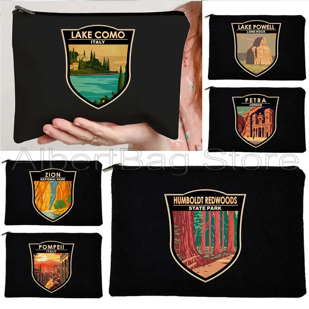 Amazon River Lake Como Petra Jordan Pompeii Rocky Mountain Yellowstone Zion National Park Cosmetic Makeup Bag Pencil Case Pouch