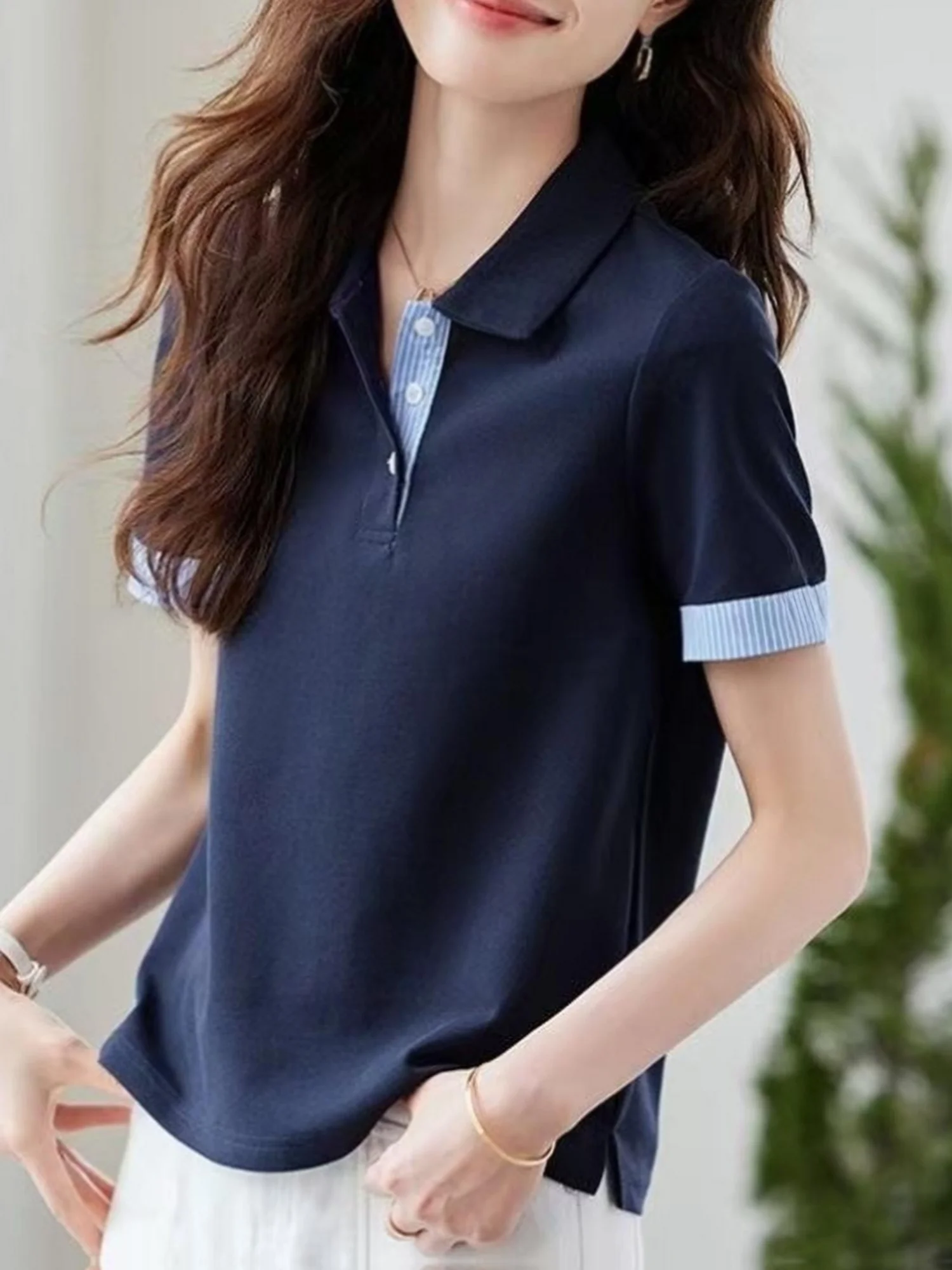 

Right shoulder short-sleeved polo shirt for women new summer contrast striped lapel shirt casual T-shirt small shirt versatile t