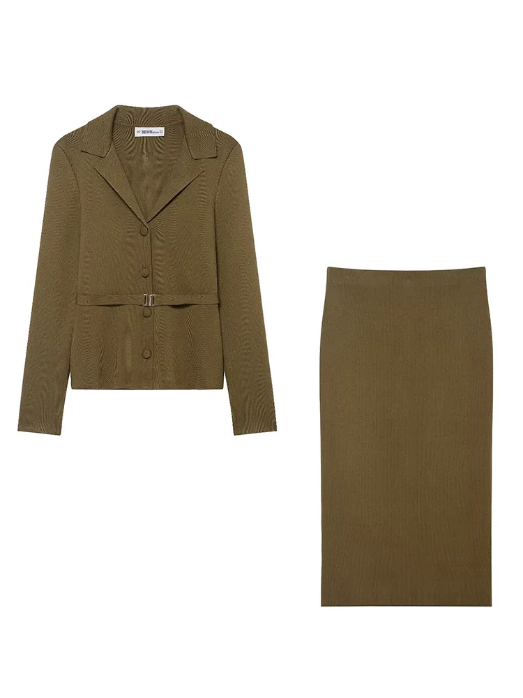 HH Women Autumn Winter Fashion Warm Solid Two-piece Set Long Sleeve Belt Single-breasted Knitted Coat+Split Hem Midi Skirt Set image 2