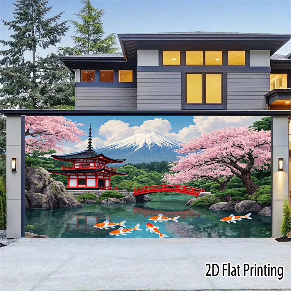 Japanese Garden Wall Mural Mount Fuji Cherry Blossom Temple Koi Fish 2D Flat Printing Home Decor Artwork For Living Room