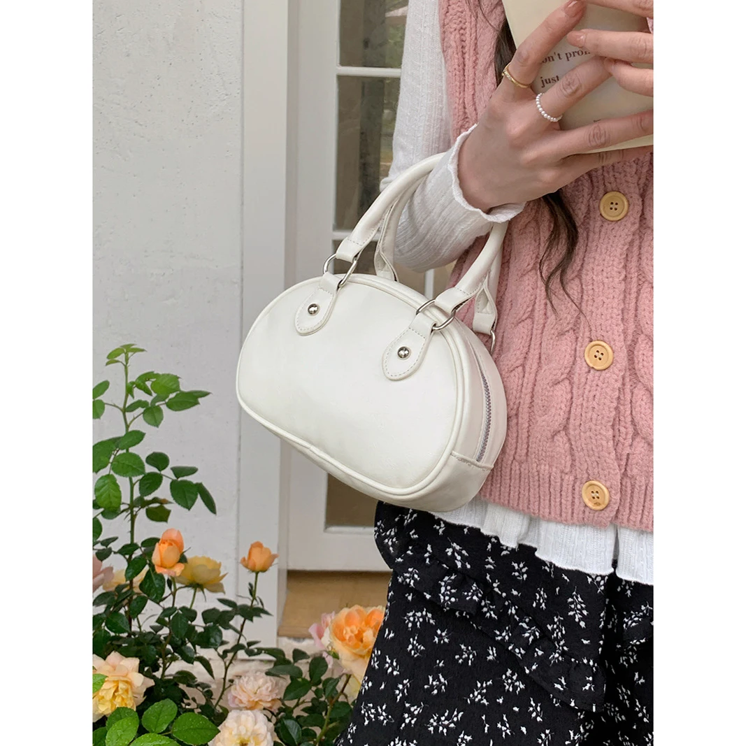 Retro Solid Color Ladies Bowling Bag Handbags Fashion Pu Sweet Female Shoulder Bags Simple Casual Women's Handbag Tote Purse