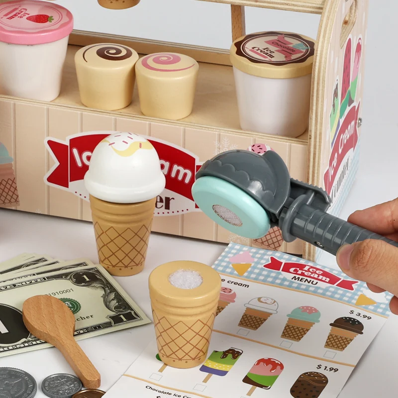 アイスクリームカートおもちゃセット - アイスクリームコーン、アイスクリームスクープ、トッピングが含まれています - ごっこ遊びパーティーゲームに最適なギフト