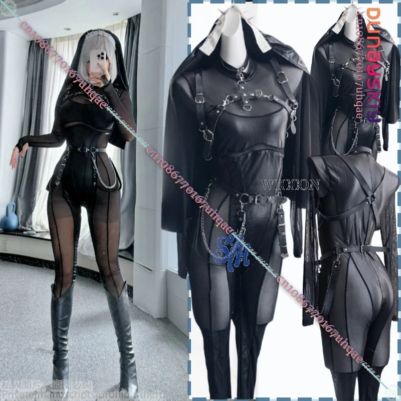 

{SAIKOU}Anime Punk Halloween Jirai Kei Girls Cosplay Hollow Out Vintage Halter Bandage Bodysuits Jumpsuits Sexy PU Nurse Uniform