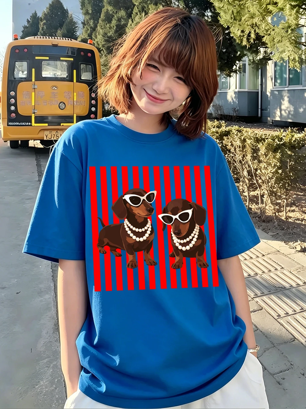 Pearl Dachshund Hundemotiv T-Shirts Baumwolle Damen Sommer Kurzarm T-Shirt Lässige Weiche Oversized Tops Basic O-Ausschnitt Kleidung – Detail 28