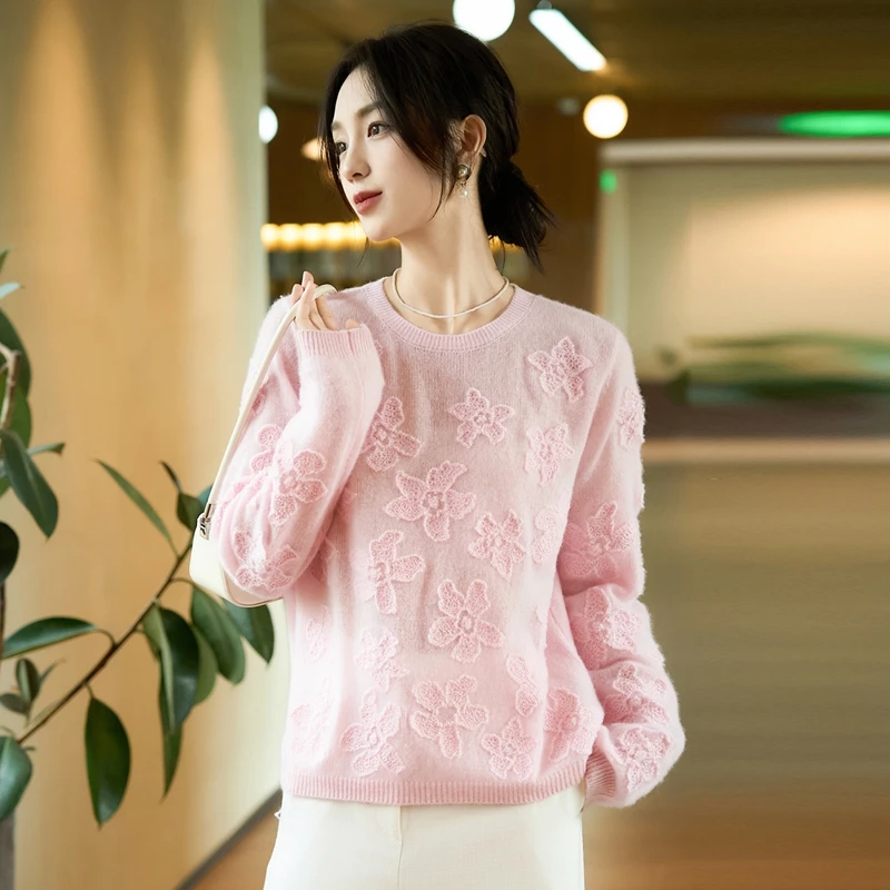 

100% Pure Wool Sweater Women's 2025 Autumn/Winter New Round Neck Knit Pullover Korean Fashion Loose Top Soft Comfortable Sweater