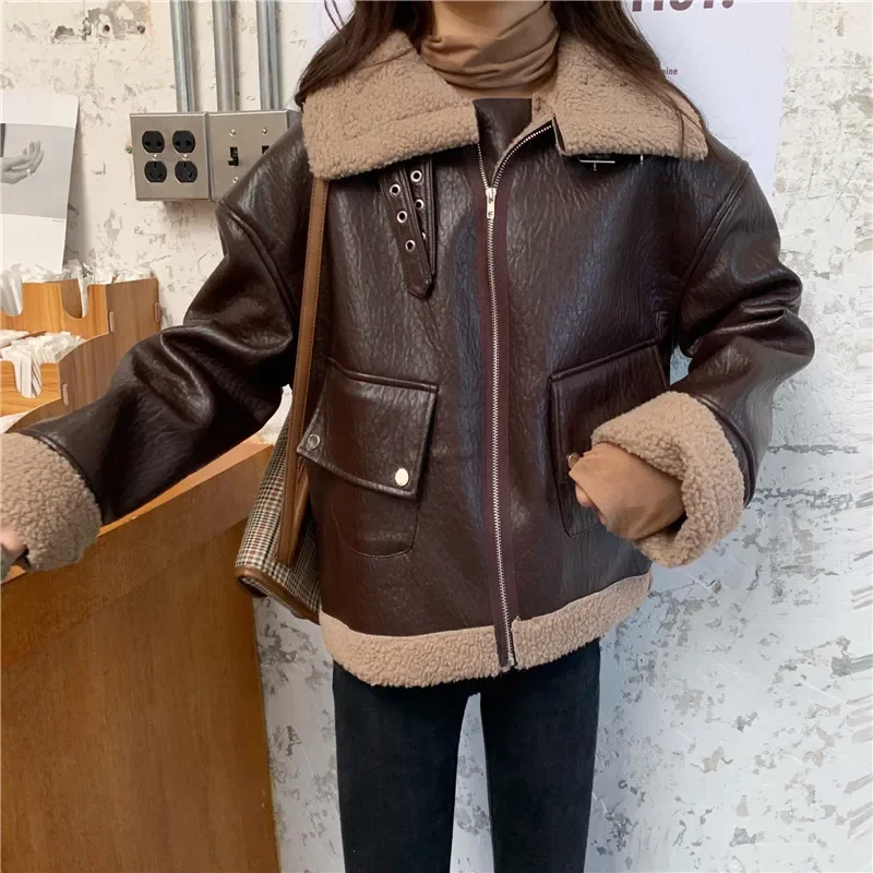 Autumn Winter Women PU Jacket Fur Liner Patchwork Handsome Locomotive Leather Coat Loose Jacket Female Manteau Femme 2023 New