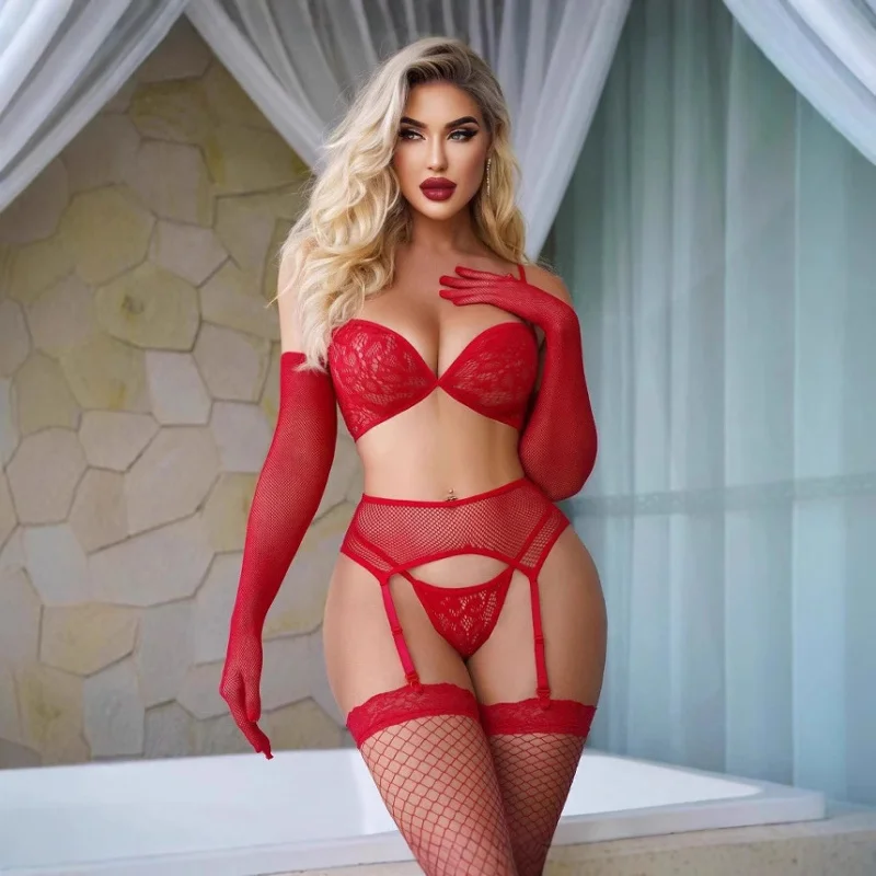 

New Women's Fun Sexy Underwear Hollow out Red Christmas model 5Set Suit
