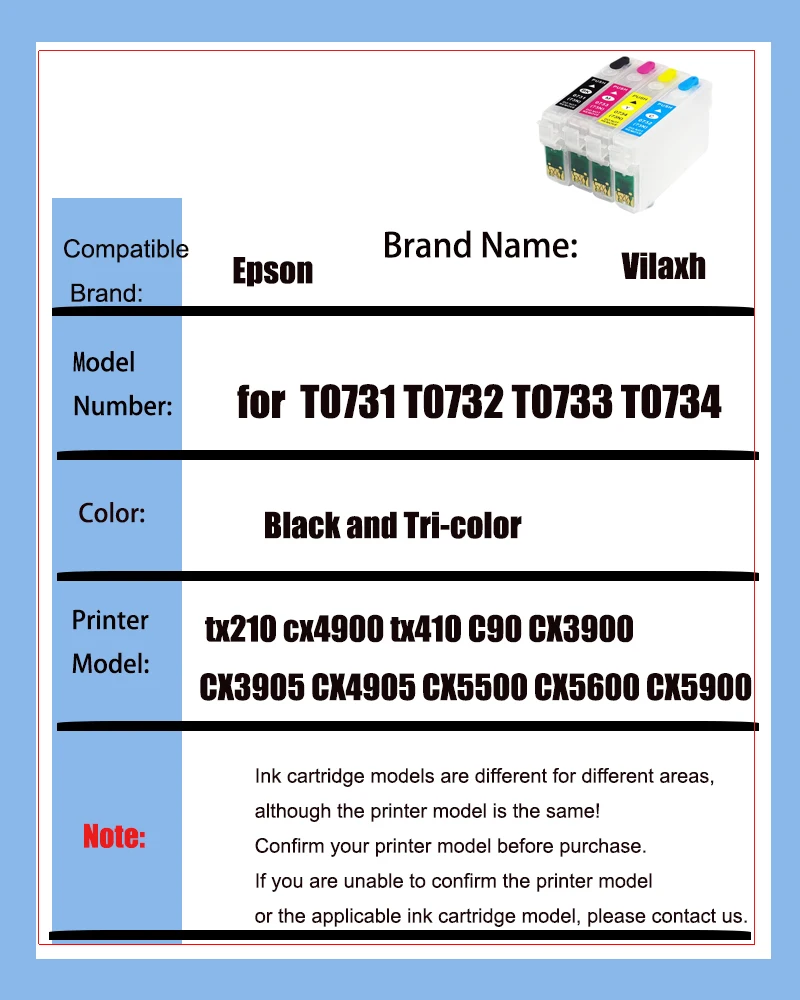 Vilaxh T0731 kartrid tinta isi ulang untuk Epson T0731N Stylus tx210 cx4900 tx410 C90 CX3900 CX3905 CX4905 CX5500 CX5600 CX5900