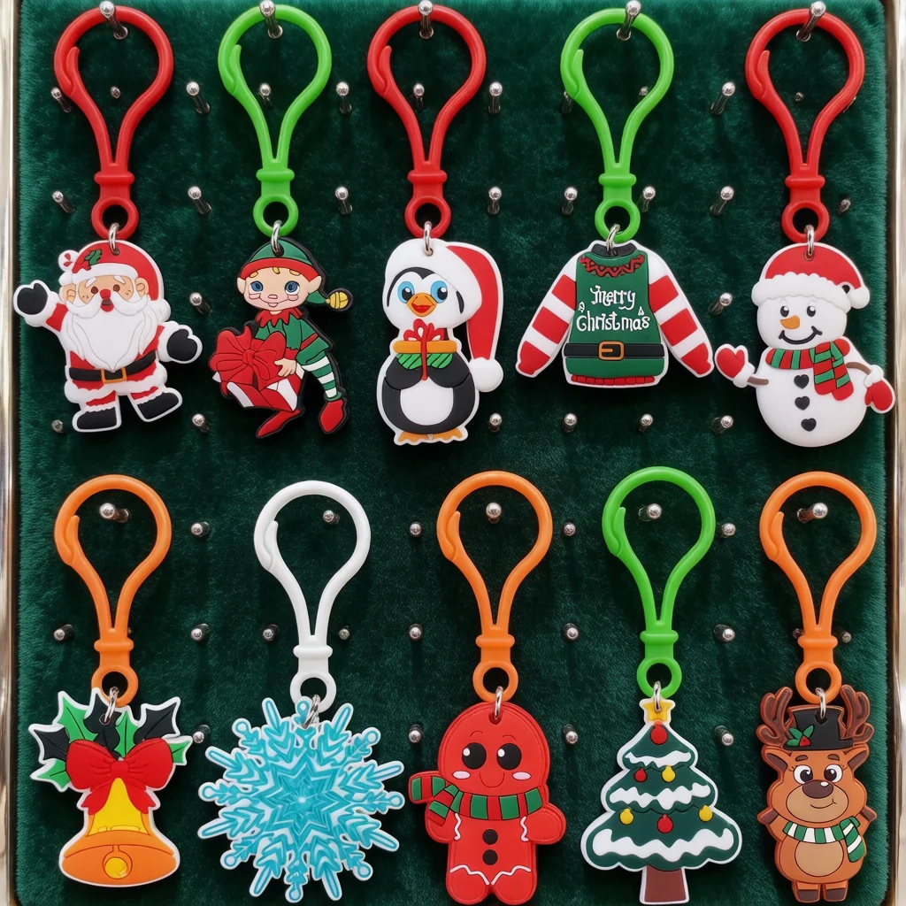 Colorful Christmas PVC Keychains Santa Snowman Tree Cute Soft Rubber Clip-On Charms for Backpacks Party Favors & Xmas Gifts