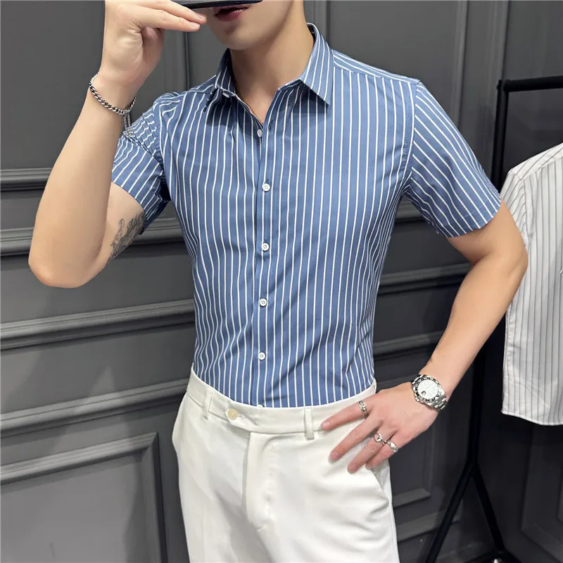 

2023Summer Traceless Striped Short Sleeve Shirt Men's British Style Slim Fit Business Dress Shirt Social Streetwear Men Clothing