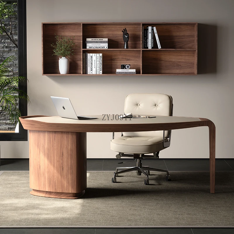 Retro solid wood saddle leather desk, office Italian study writing desk computer desk