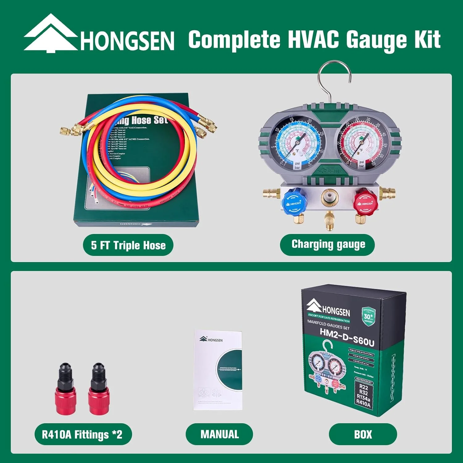 Hongsen Freon Charging Dual Gauge Set, Refrigerant Charging Manifold Gauge Kit for Automotive and Household Air Conditioners