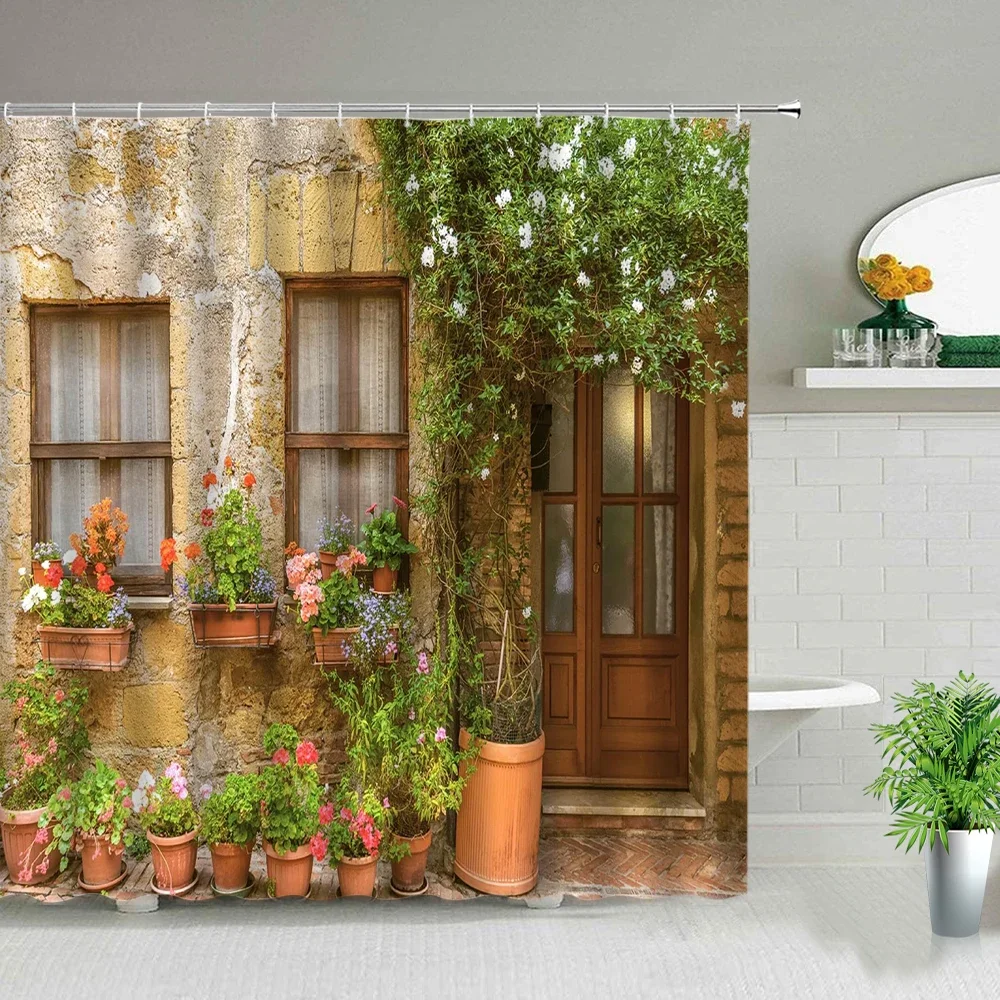 Retro Building Old Door Shower Curtains Flower Plant Spring Natural Scenery Bathroom Curtain Bathtub Home Decor Screen With Hook