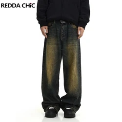 REDDACHiC-Calça Jeans Baggy Verde Masculina, Tamanho Grande, Cintura Ajustável, Perna Larga, Calças Casual, Calças Y2K Vintage, Streetwear Moto