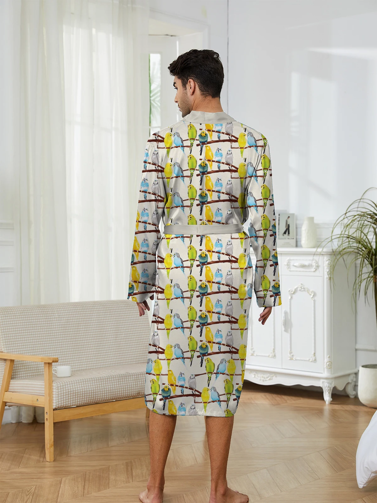 

Bird pattern digital printed men's nightgown, fashionable and quick drying, men's bathrobe casual and comfortable