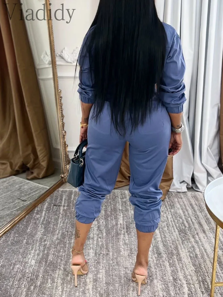 Dames sexy effen kleur rits omslagkraag lange mouw cargo jumpsuits rompertjes