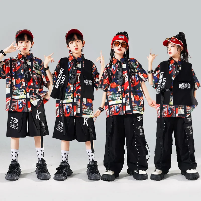 

Boys Hip Hop Costume Vest Retro Shirt Cargo Pants Girls Street Dance Shorts Clothes Kids Jazz K-pop Streetwear Set