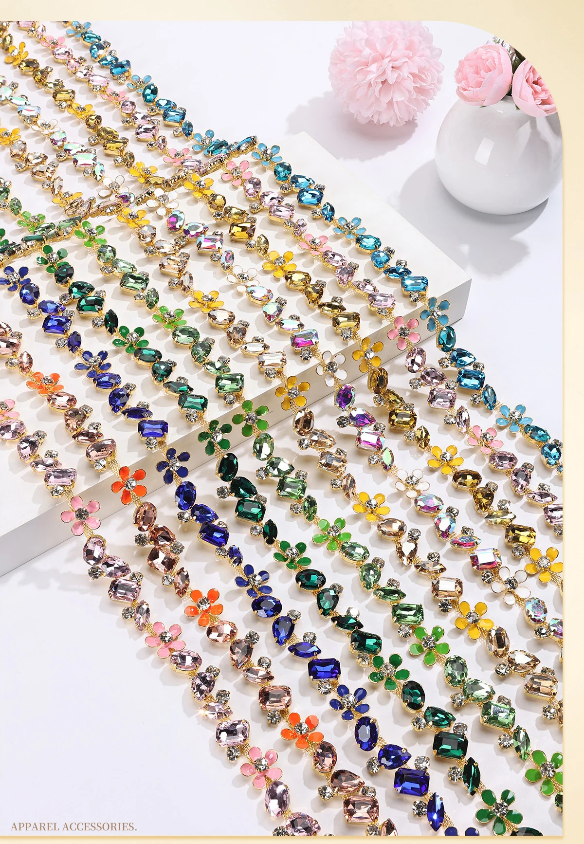 10 Yards Strasskette Kleidungszubehör Schuhe Tasche DIY Handwerk Kristall Diamant Blumenförmige Dekoration Strassband – Detail 1