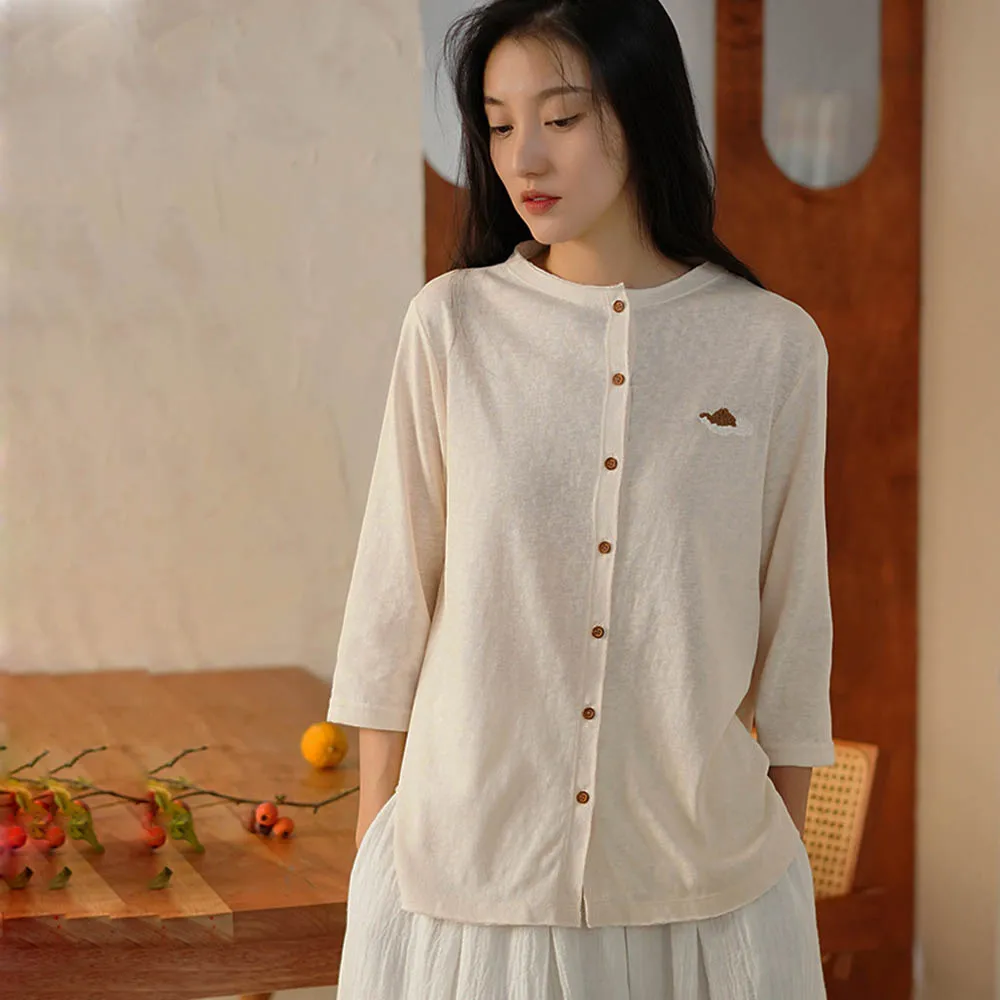 Simple Solid Color Embroidery Comfortable Shirt Thin Women's Knitted Cardigan Button Loose Vintage Seven-Point Sleeve Top Summer