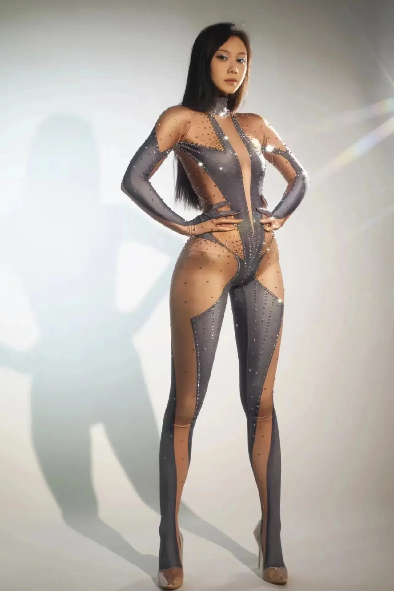 Pole Dancing Costume Sexy Rhinestones Jumpsuit with Gloves Dancer Performance Show Stage Wear Nightclub Dance Outfit Duidhao