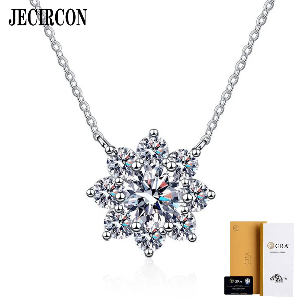 

JECIRCON 925 Sterling Silver Moissanite Necklace for Women 1 Carat Eight Petal Sunflower Snowflake Shiny Pendant Clavicle Chain