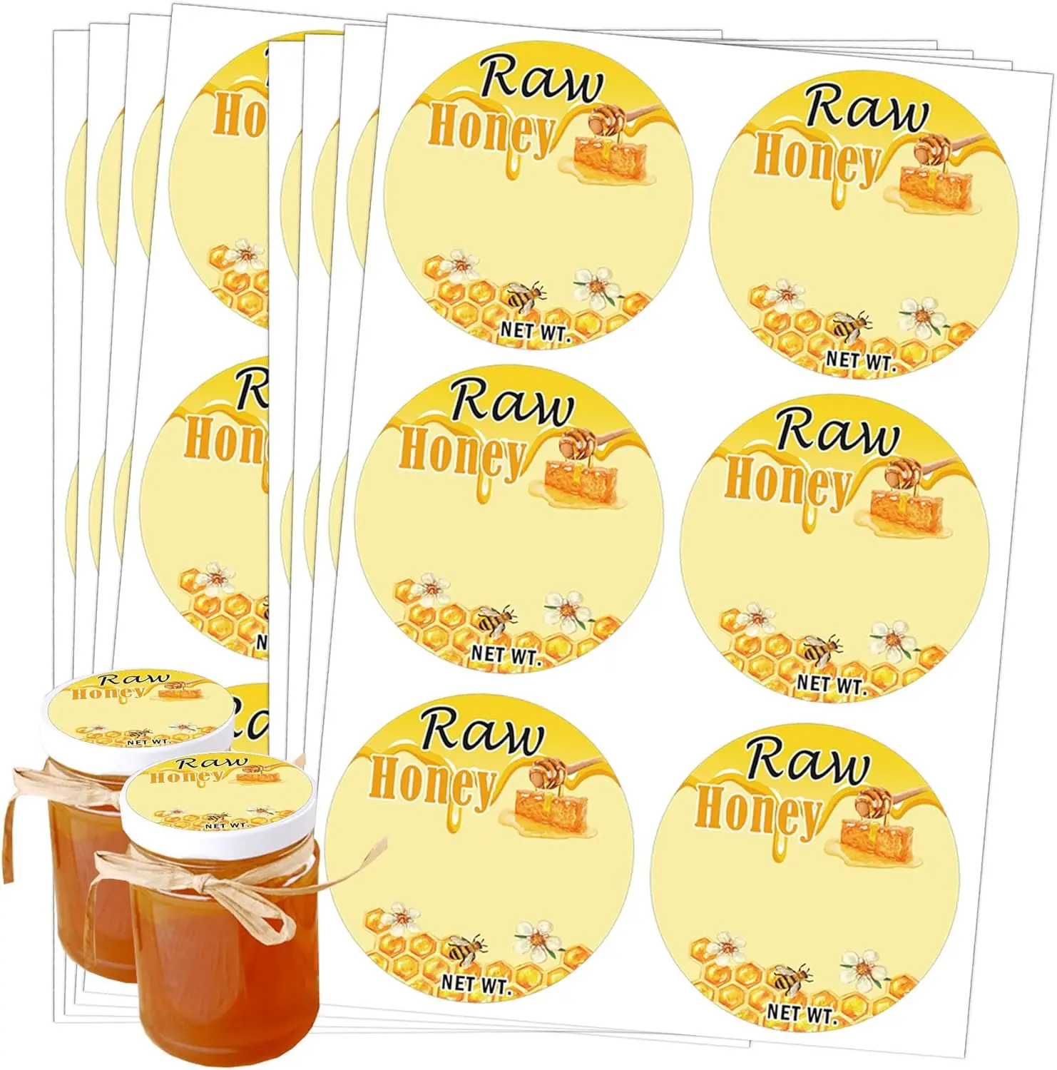 Raw Natural Honey Jars and Bottles Labels Honey Bee Bottling Sticker Honey Farm Kitchen Round Mason Labels for Honey Quart Jars